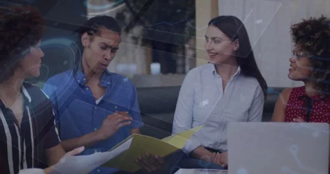 In school, diverse group discussing documents with data processing animation Stock Footage 303555149