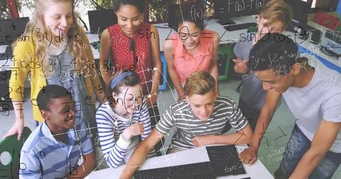 In school, diverse students collaborating on laptop, solving math problems Stock Illustration