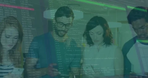 In school, diverse team collaborating on coding project with animation overlay Stock Footage 330732876