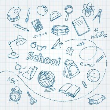 School doodle on notebook page vector background Ilustración de archivo