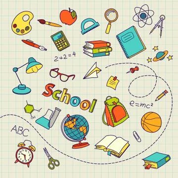 School doodle on notebook page vector background Stock Illustration