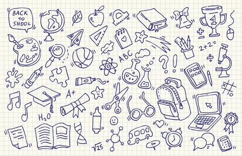 School doodles on notebook sheet. Back to school. School Hand-drawn vector .. Illustrazione stock
