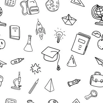 School doodles, pattern seamless. Back to school line icons supples, equipment 스톡 일러스트