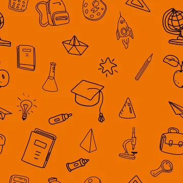 School doodles, pattern seamless. Back to school line icons supples, equipment Stock Illustration