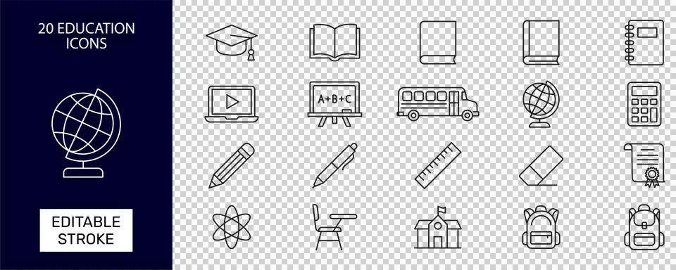 School &amp; E-Learning Outline Icons Pack - Academic Line Art Symbols Stock Illustration