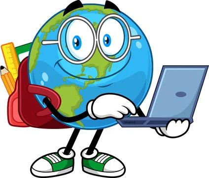 School Earth Globe Character Using Laptop With Backpack and School Supplies 스톡 일러스트