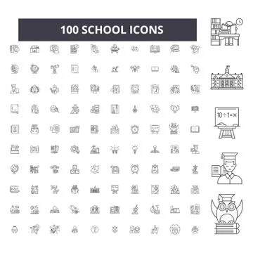 School editable line icons, 100 vector set, collection. School black outline Stock Illustration