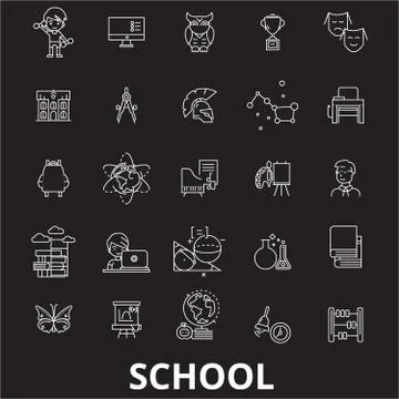 School editable line icons vector set on black background. School white outline Stock Illustration