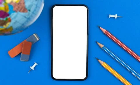 School education and learning mobile phone mockup concept, blank white screen Stock Photos