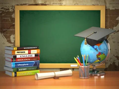School education concept. mortar board, blackboard, textbooks, globe and penc Ilustración de archivo