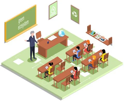 School education, e-learning process. Learning with technology, lessons in class Stock Illustration
