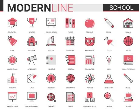 School education flat line icon vector illustration set with outline schooling Illustrazione stock