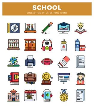School education icons in a grid layout on a white background with a brown .. Stock Illustration