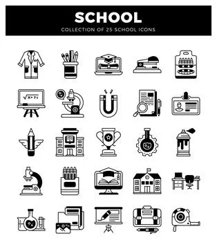 School education icons set featuring lab coat. pencils. laptop. and microscop Stock Illustration