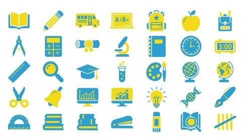 School education icons set flat yellow blue Ilustración de archivo
