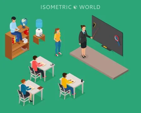 School education isometric design concept with teacher at blackboard and pupil Stock Illustration