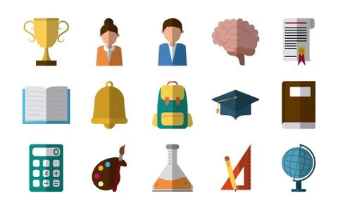 School education knowledge elements flat icons set with shadow Stock Illustration