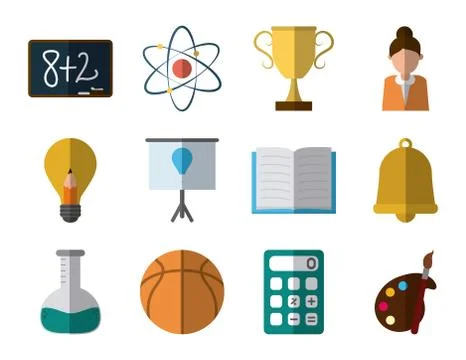 School education knowledge elements flat icons set with shadow Stock Illustration