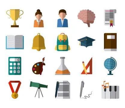 School education knowledge elements flat icons set with shadow Stock Illustration