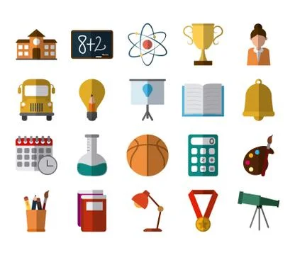 School education knowledge elements flat icons set with shadow 스톡 일러스트