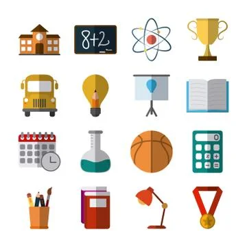 School education knowledge elements flat icons set with shadow Stock Illustration