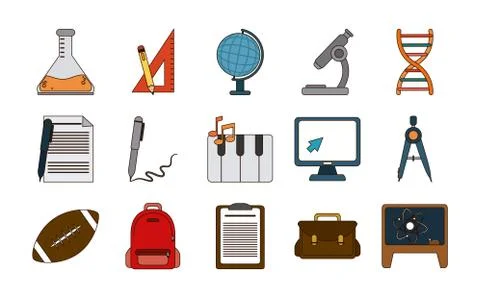 School education knowledge elements flat icons set with shadow Illustrazione stock