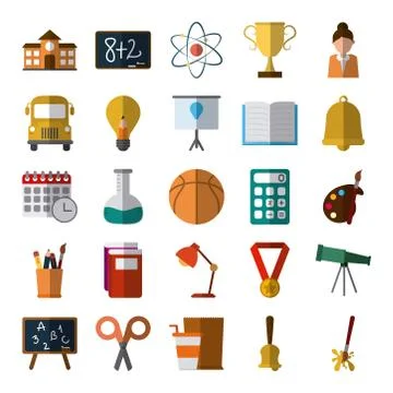School education knowledge elements flat icons set with shadow Stock Illustration
