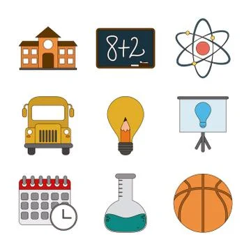 School education knowledge elements flat icons set with shadow Illustrazione stock