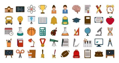 School education knowledge elements flat icons set with shadow Stock Illustration