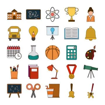 School education knowledge elements flat icons set with shadow Stock Illustration