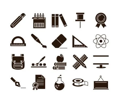 School education learn supply stationery icons set silhouette style icon Stock Illustration