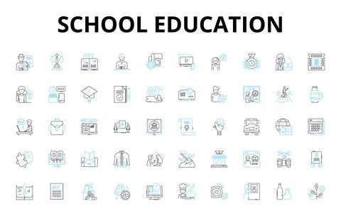 School education linear icons set. Learning, Curriculum, Homework, Attendance Stock Illustration