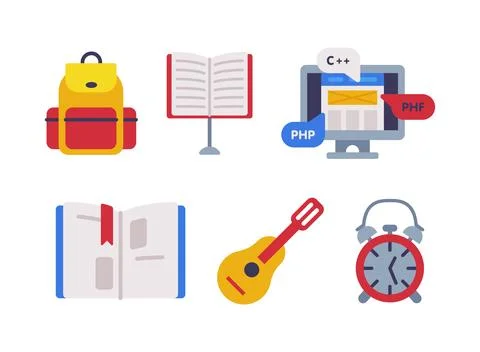 School Education Object with Backpack, Book, Computer, Guitar and Alarm Clock イラスト素材