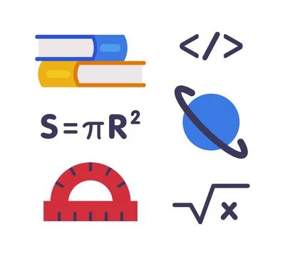 School Education Object with Book, Formula, Code Sign and Planet Vector Set Illustrazione stock