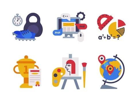 School Education Object with Computer, Algebra Chart, Globe, Drawing Easel, Cup 스톡 일러스트