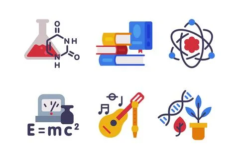 School Education Object with Molecule, Book, Physics Formula, Music and Biology Stock Illustration