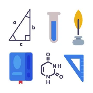 School Education Object with Triangle, Flask, Quill, Book, Molecule and Ruler Stock Illustration
