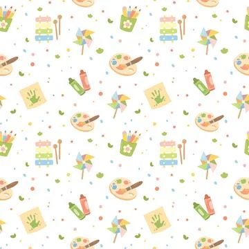 School education pedagogy seamless pattern set featuring palette paint xylo.. Illustrazione stock