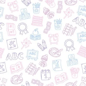 School education pedagogy seamless pattern set featuring palette xylophone .. Illustrazione stock