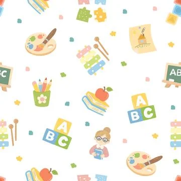 School education pedagogy seamless pattern set featuring teacher palette bl.. Illustrazione stock
