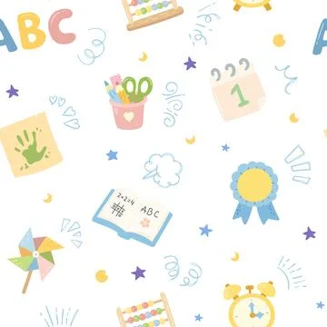 School education pedagogy seamless pattern set featuring calendar medal tex.. Illustrazione stock