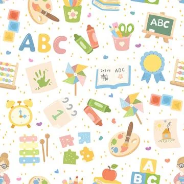 School education pedagogy seamless pattern set featuring palette blackboard.. Illustrazione stock