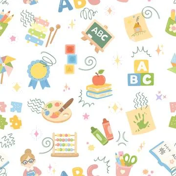School education pedagogy seamless pattern set featuring blackboard apple p.. Illustrazione stock
