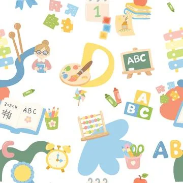 School education pedagogy seamless pattern set featuring teacher blackboard.. Stock Illustration