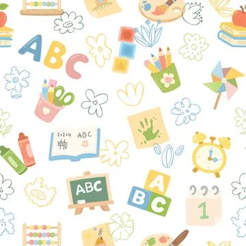School education pedagogy seamless pattern set featuring flowers palette pi.. Иллюстрация