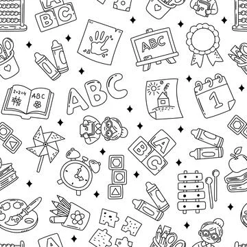 School education pedagogy seamless pattern set featuring blackboard calenda.. Иллюстрация