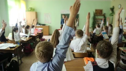 School Education. Primary School Students Raising their Hands in the Classroom Stock Footage 75940725
