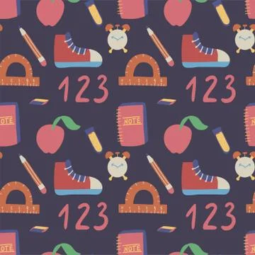 School, education seamless pattern on dark blue background. Stock Illustration