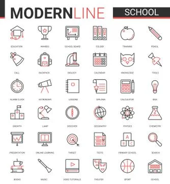 School education thin red black line icon vector illustration set with outline Illustrazione stock