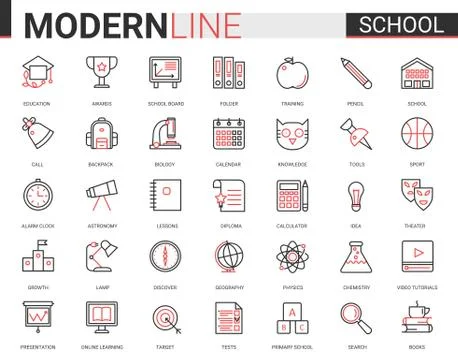 School education thin red black line icon vector illustration set with outline Illustrazione stock